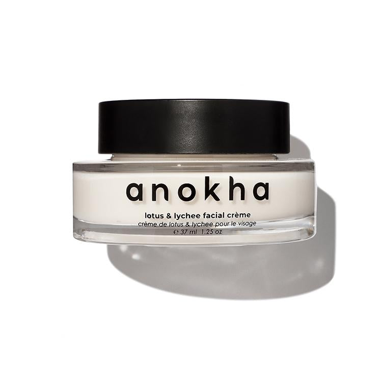 anokha skincare lotus & lychee facial creme jar on white background